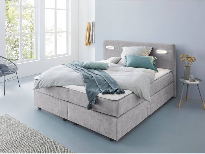 Boxbett, Polyester, Grau (Platinum), 180×200 cm, Mit Schubkästen & LED-Beleuchtung, Klassisch-Modern, Inosign