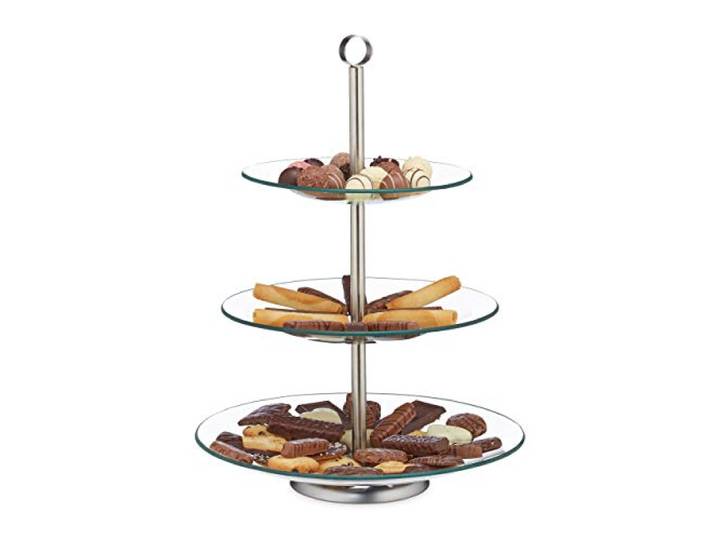 Relaxdays etagère 3 laags, vierkant, voor cupcakes, zilver/transparant