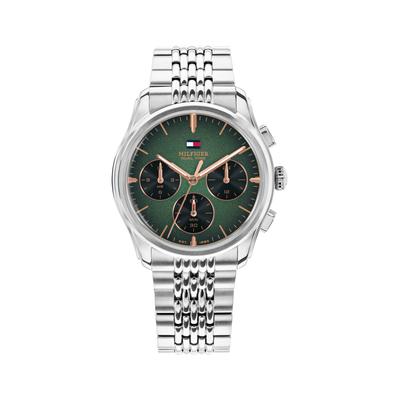 Multifunktionsuhr TOMMY HILFIGER "BRYANT", grün (silberfarben, grün, grün), Armbanduhren, Herren, silberfarben, Quarzuhr, Armbanduhr, Damenuhr, Herrenuhr, Edelstahlarmband, analog