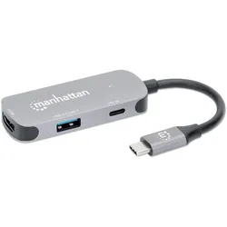 Manhattan USB-C auf HDMI 3-in-1 Docking-Konverter mit Power Delivery (USB-C), Dockingstation + USB Hub, Silber