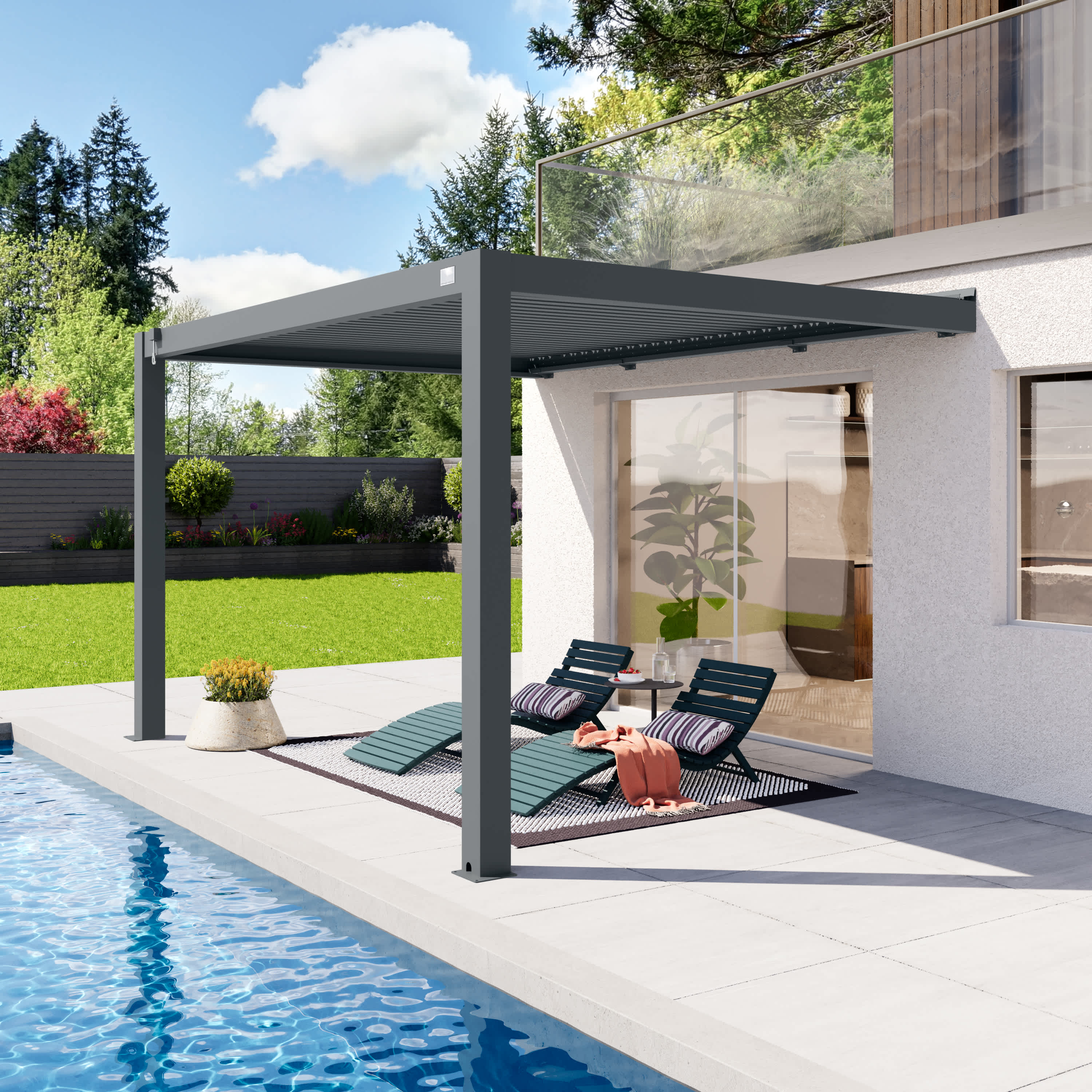 PRIMEYARD 3x4 m Vægmonteret pergola i antracitgrå, med lameltag i antracitgrå - (400141)