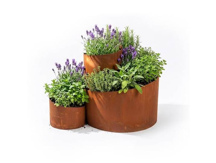 Relaxdays Kräuterspirale, HxBxT: 43 x 61 x 41 cm, 3 Segmente, Rost, braun Stahl, Kräuterpyramide Garten, Kräuterbeet