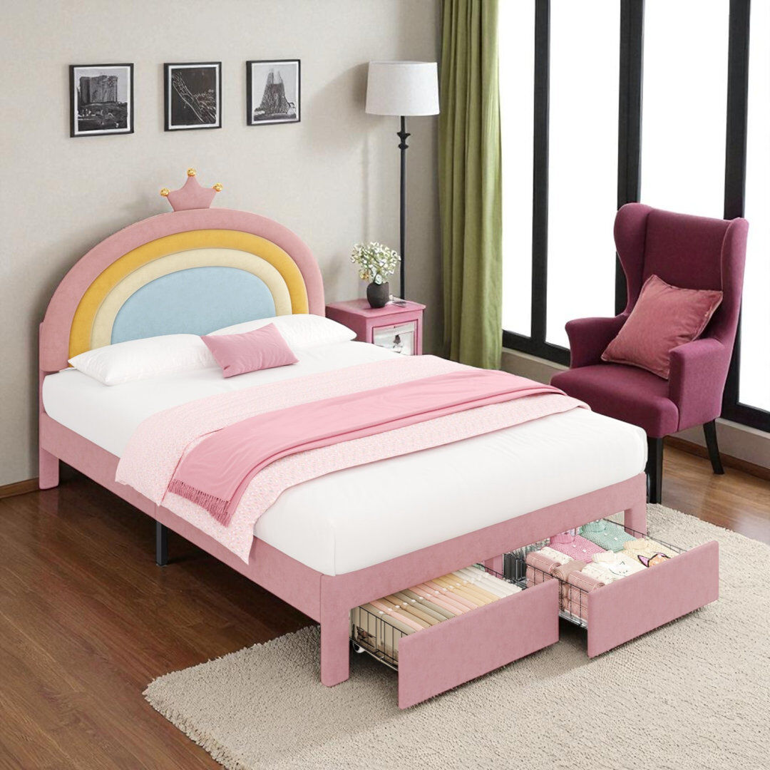 Harriet Bee Upholstered Velvet Drawers Bed Frame Pink Double (4'6)