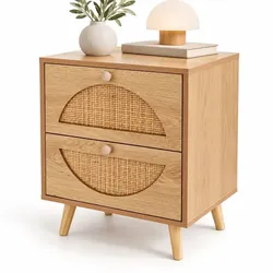 Relaxdays Nachttisch mit Rattan-Halbkreis Hellbraun