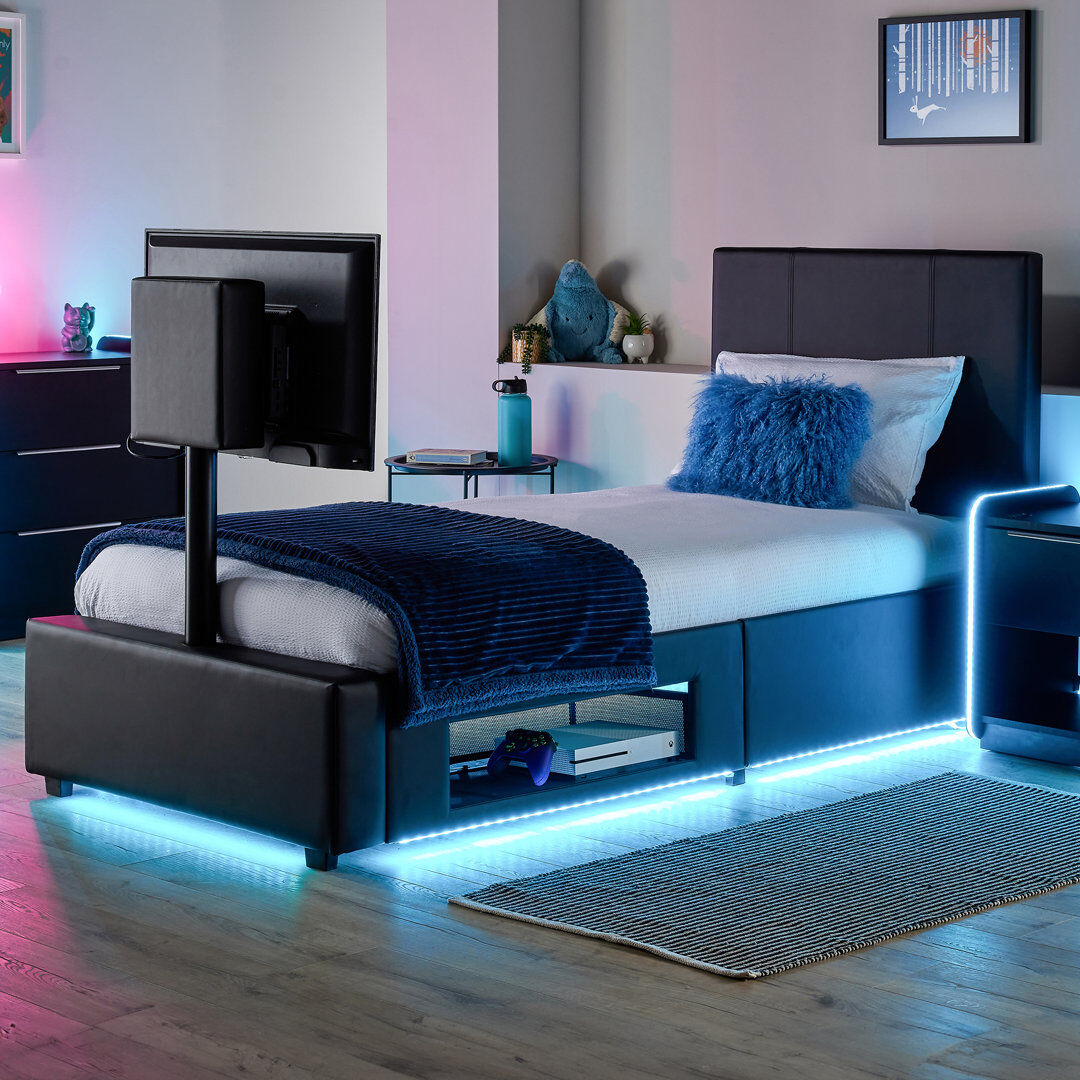 X Rocker XR Living Ava Upholstered TV Bed with LED Lighting Black Single (3')