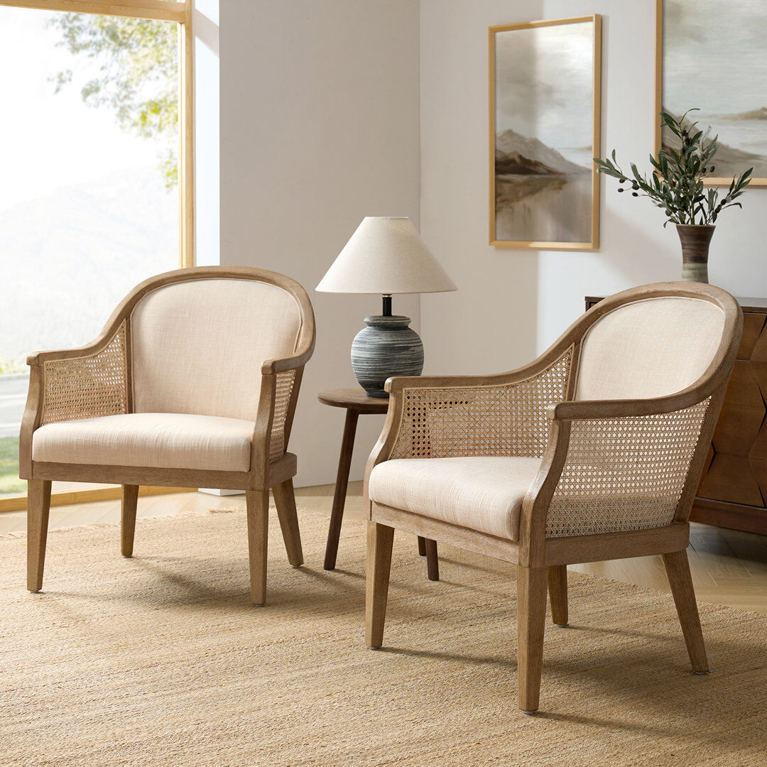 Ophelia & Co. Xaver Farmhouse Boucle Rattan Solid Wood Armchair Set Of 2 Linen 85.09cm H X 72.39cm W X 67.31cm D