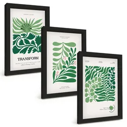 BILDER SET 3er Set - 20x30 cm Schwarzer Rahmen - Formen grüner Blätter