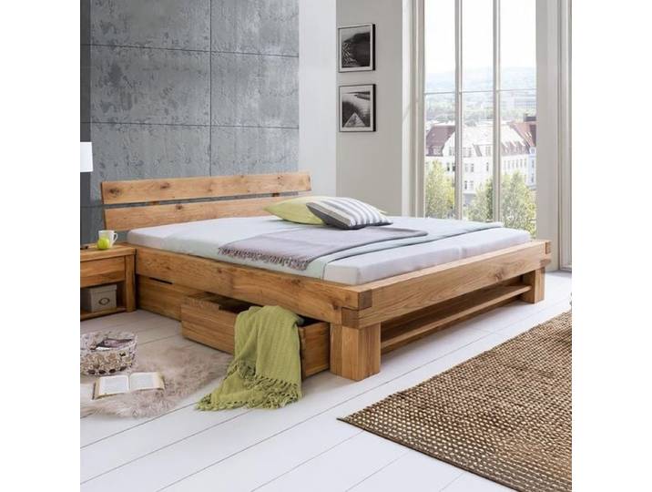 HOMELIV. Balkenbett Tomba Komfort Wildeiche Massivholz mit Schubkasten