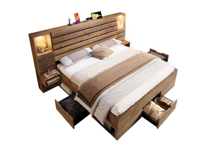 Stilvora Rahmenbett 180/200 cm in Eiche mit 3 Schubladen, LED und USB/Type-C, Eichefarben, Metall, 180x200 cm, Schlafzimmer, Betten