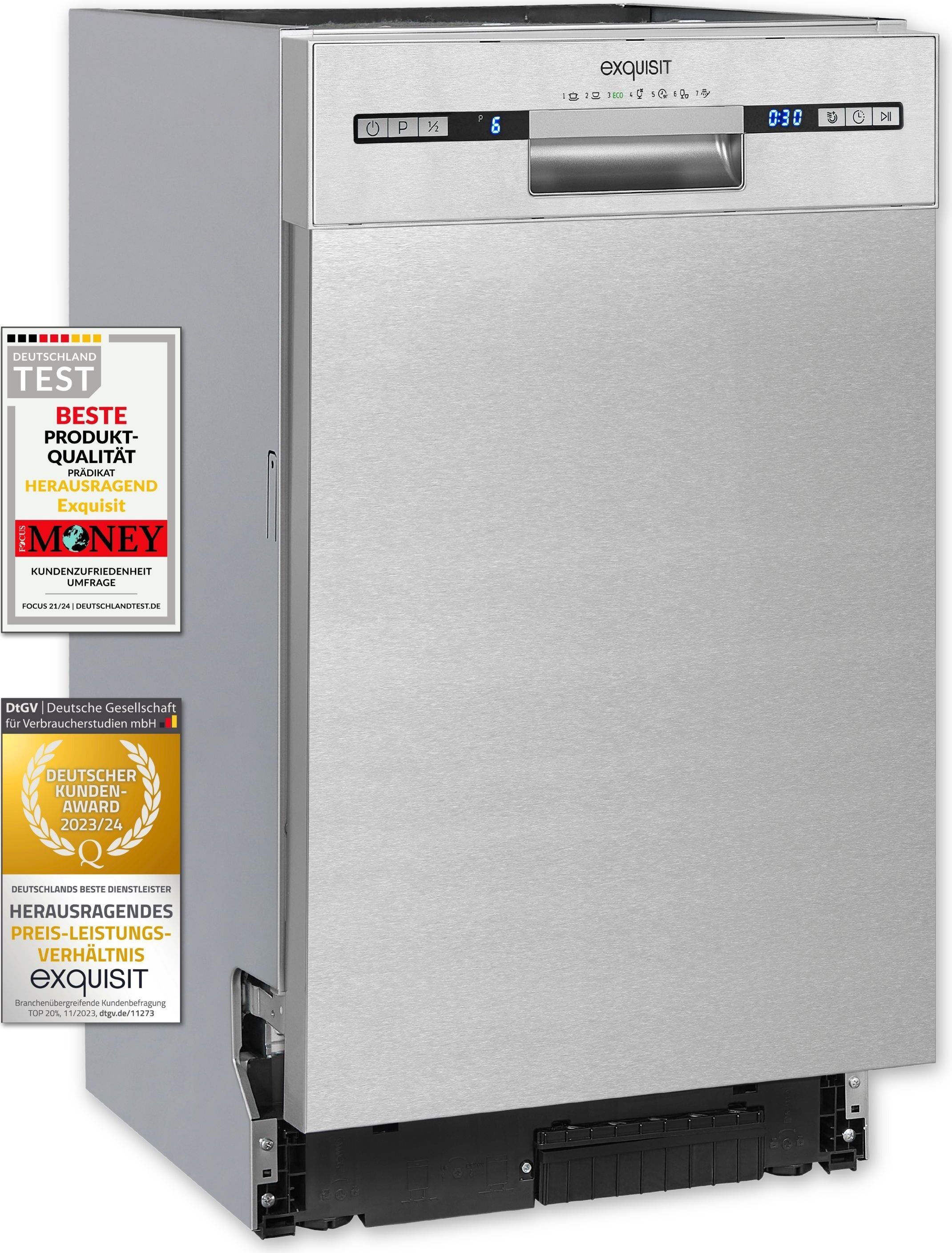 Exquisit Geschirrspüler EGSP9309-EF-030E inox | Spülmaschine 45 cm | ECO-Modus | Maßgedecke: 9 | Unterbaugerät