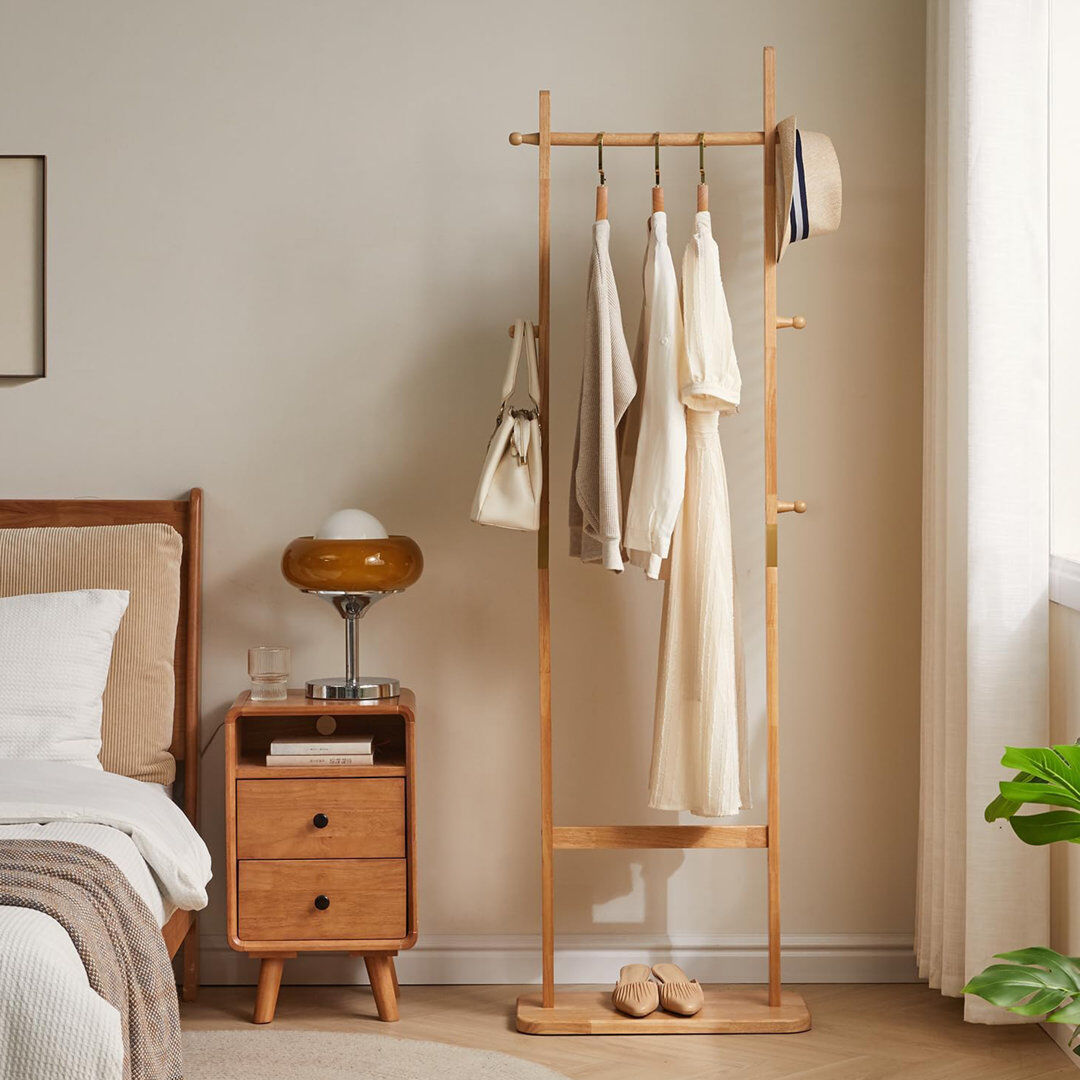 FURNOLD Solid Wood Freestanding 5 - Hook Coat Rack With 5 Hooks Natural 180cm H X 54cm W X 28cm D