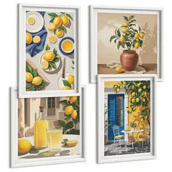 BILDER SET 4er Set - 50x50 cm & 40x60 cm Weißer Rahmen - Zitronengarten mit Getränken