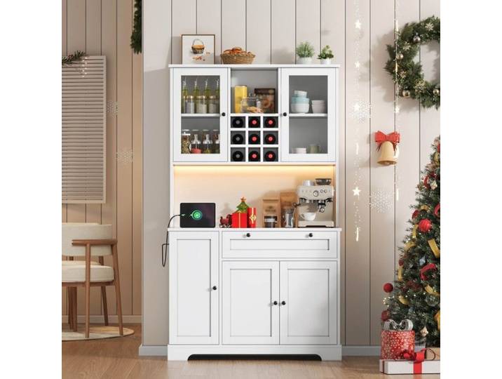 Buffet De Cuisine Meuble Cuisine Haut Vitré Étagères Réglables LED Multicolore Prise 105x40x180cm Blanc
