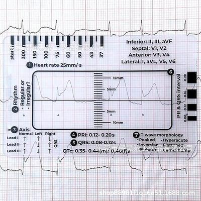 EKG-Lineal mit 7 Schritten, EKG-Lineal, Kunststoff-Lineal, Messwerkzeug, EKG-Lineal mit 7 Schritten zur EKG-/EKG-Interpretation, transparentes EKG-Messschieber-Messwerkzeug, folgen Sie einem