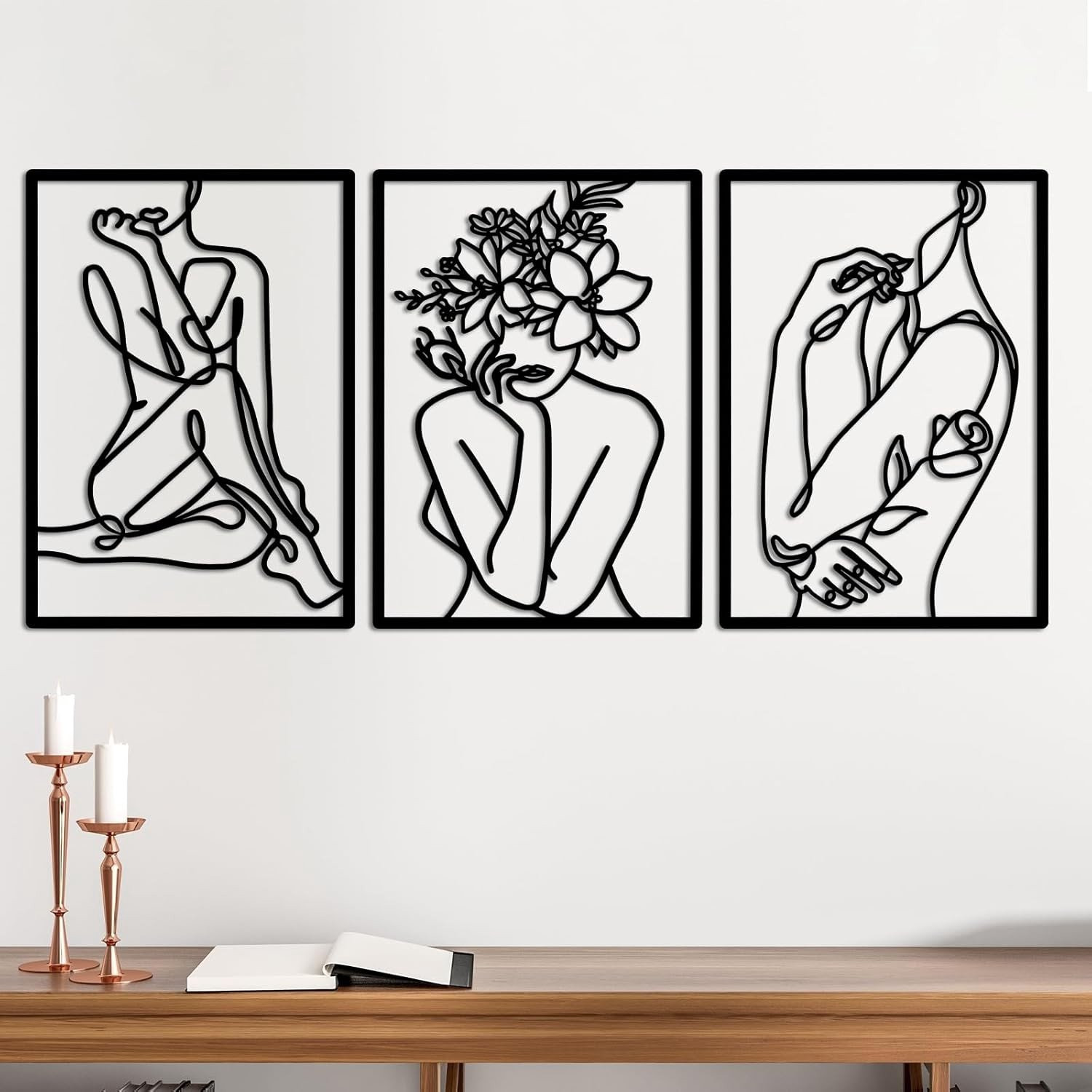 Set van 3 zwarte metalen wanddecoraties met grafisch ontwerp