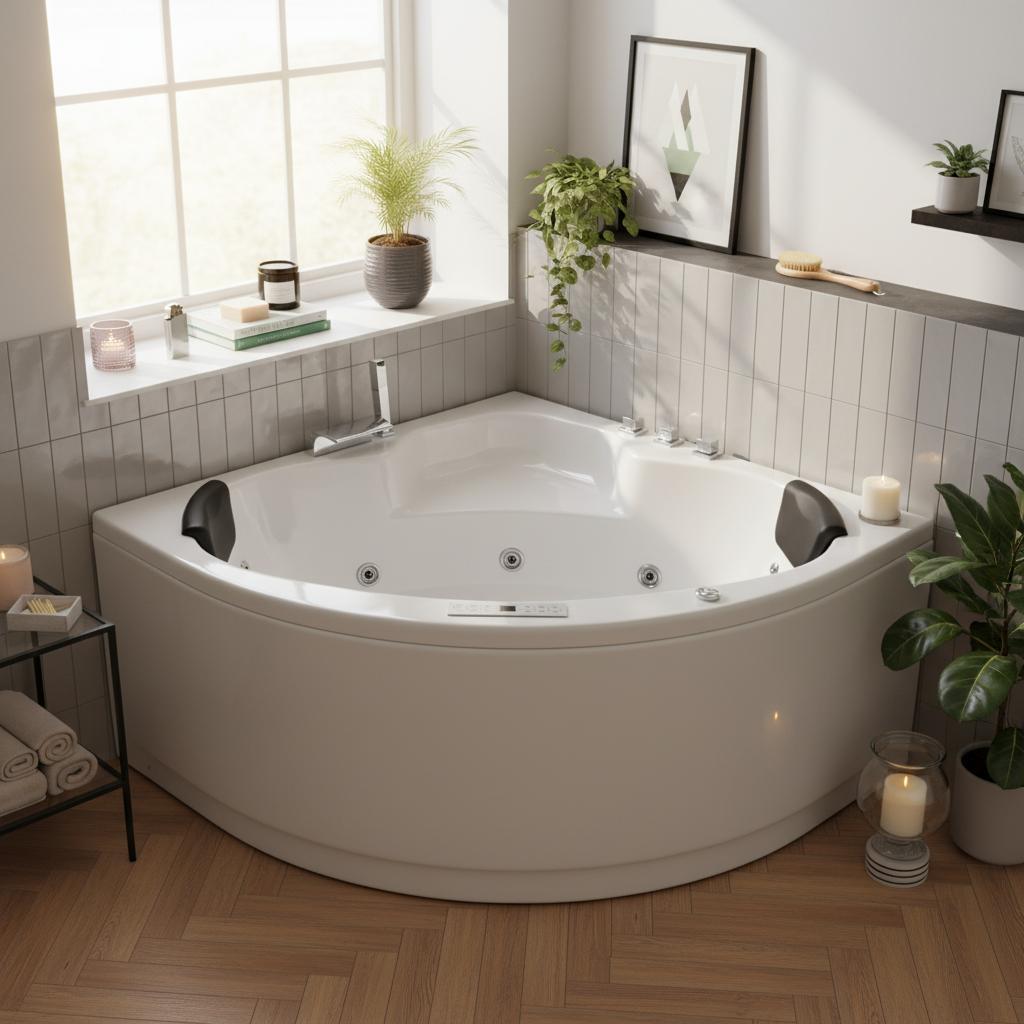 Caribia LUXUS Whirlpool Badewanne RIO Premium / 130x130 - 21 Massagedüsen, Wasserfall, 2x große LED, Bluetooth & Radio und Touchpanel