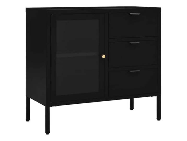 HGFDVCMR Sideboard Schwarz 75x35x70 cm Stahl Hartglas Kommode Lagerschrank aus Metall mit Glastür und 3 Schubladen für Wohnzimmer, Flur und Büro mit höhenverstellbarem Einlegeboden