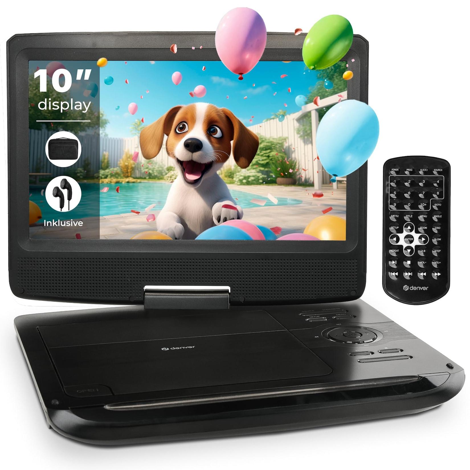 DENVER MT-1097 Tragbarer DVD Player (10 Zoll, 12V, Anschluss, Akku, USB, SD, Lautsprecher, Fernbedienung)