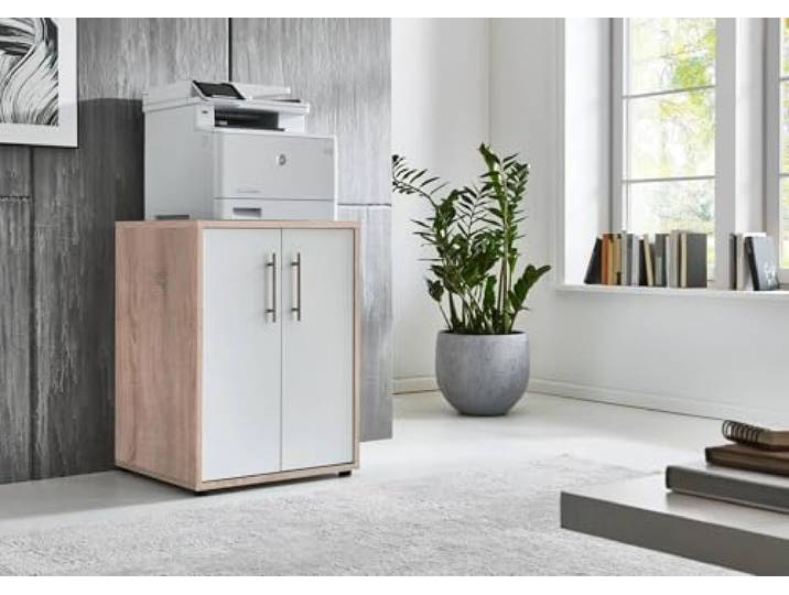 BMG Möbel Druckerschrank Bürokommode 74 cm hoch mit 2 Türen, 3 Einlegeböden, optimal als Erweiterung für Schreibtische wählbar in 26 verschiedenen Farbkombinationen (Sonoma Eiche - Weiß Matt)