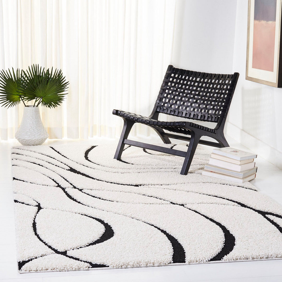 Blue Elephant Florida Abstract Shag Area Rug Ivory/Black Square 201 cm