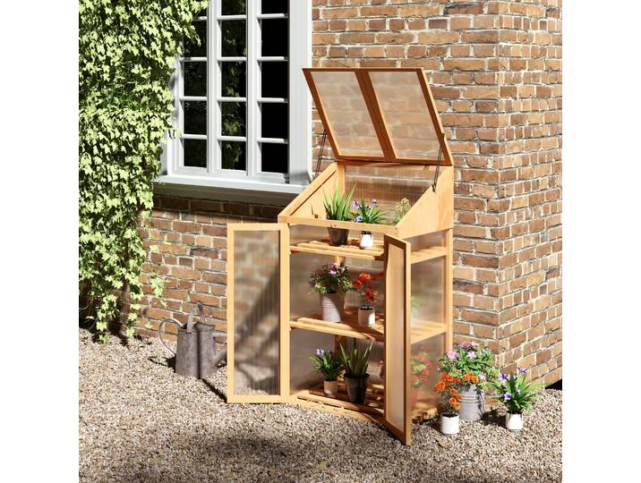Outsunny Mini-serre, petite serre avec cadre en bois, fenêtre et double porte, 3 étagères, 70L x 50l x 120H cm, Marron