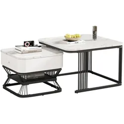 STILVORA Couchtisch Set 70x70x45 cm Weiß+Schwarz mit Hochglanz Marmoroptik Platte, Metallrahmen, 1 Schublade, platzsparend und flexibel kombinierbar
