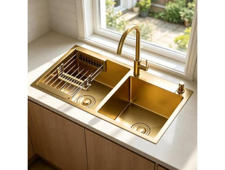 Goldene Küchenspüle Aus Edelstahl Mit Abflusskorb Und Wasserhahn Doppelwaschbecken Für Balkonbadezimmer, Großes Multifunktionales Gemüsewaschbecken(78*43*21cm)