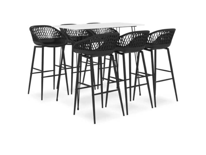 Bar-Set, 7-teilig, Weiß und Schwarz, MDF-Tischplatte, Metallrahmen Robuster PP-Hocker, ergonomischer Sitz, niedrige Rückenlehne aus Netz, Füße aus pulverbeschichtetem Metall, 110 kg pro Sitz