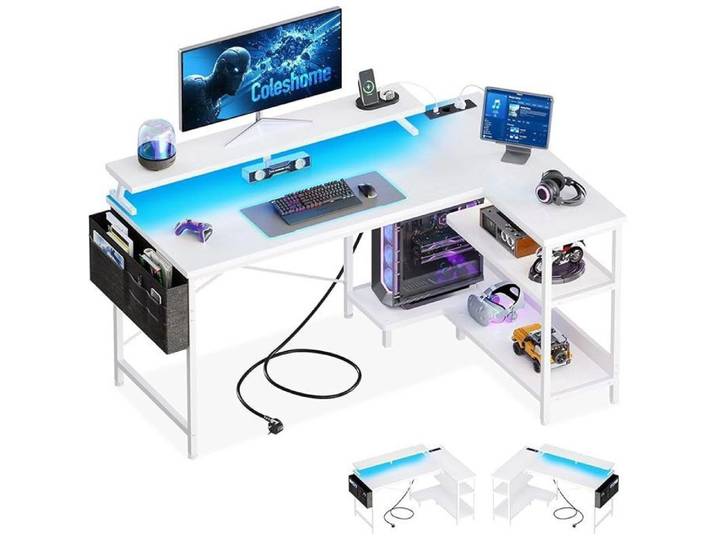 Bureau Gaming LED 120x80cm Bureau d'angle avec Étagères Réversible avec Support d'écran pour Domicile Blanc 120x80cm