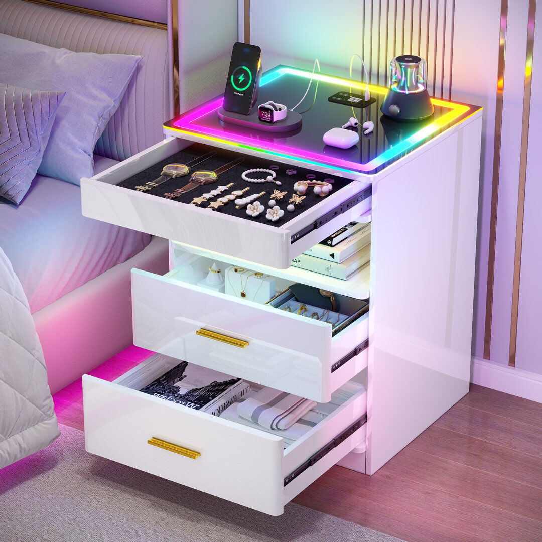 Metro Bedside Table with Lockable Drawer, LED Bedside Cabinet with Glass Tabletop White 60.4cm H X 45cm W X 40cm D