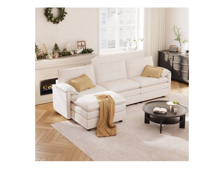 FLEXISPOT Ecksofa 4-Sitzer Sofa Sofabed mit Hocker & Stauraum, L-förmiges Ecksofa, Modulares Sofa platzsparend für Wohnzimmer Weiß