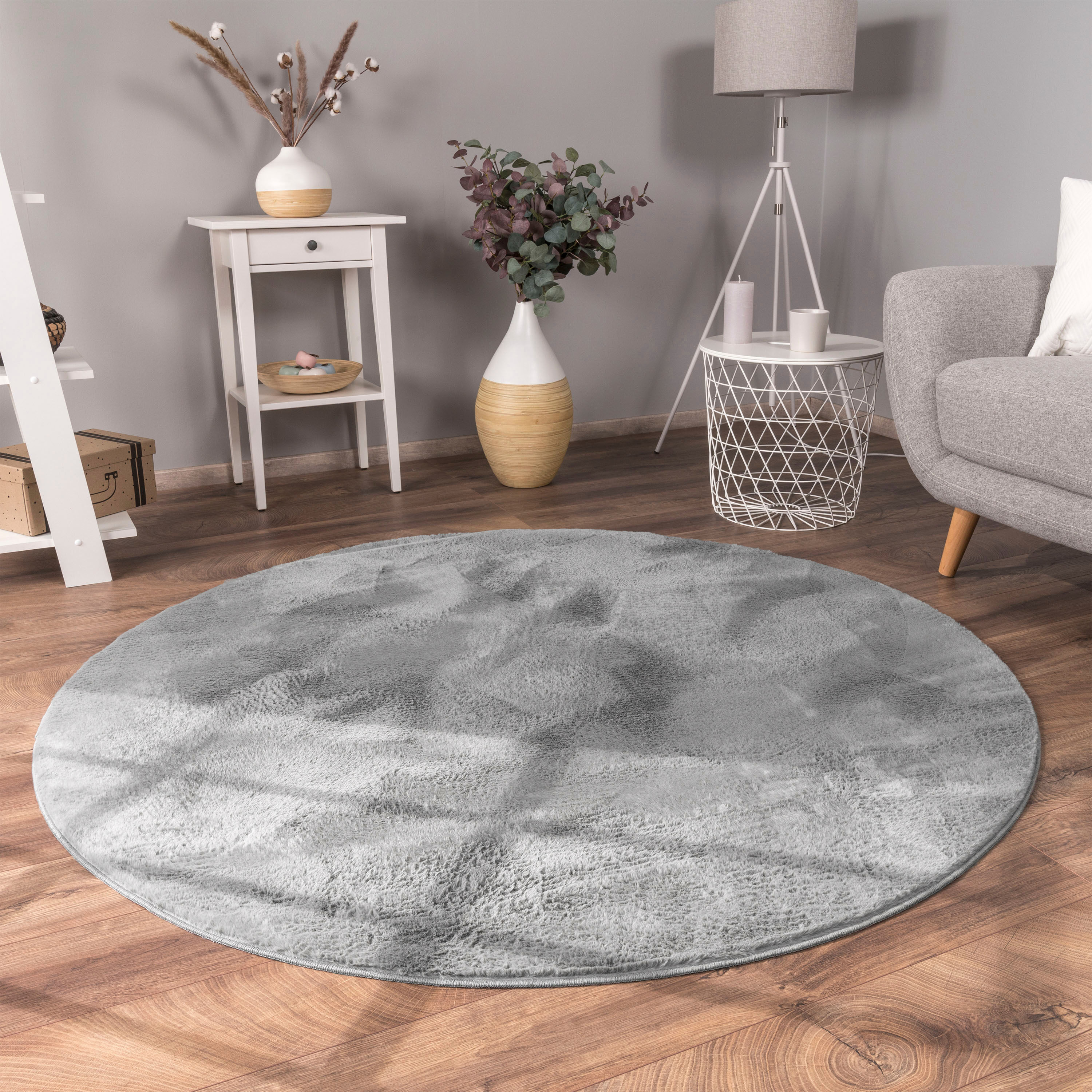 Fellteppich PACO HOME "Kunstfell Soft 380", grau (anthrazit), H:14mm Ø:80cm, Polyester, Teppiche, Fellteppich, Langflor, Kuschelteppich - besonders weich, Uni-Farben anthrazit Ø 80cm 1 Stk., 14mm, Ø 80cm
