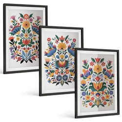BILDER SET 3er Set - 40x60 cm Schwarzer Rahmen - Blumenmuster in intensiven Farben