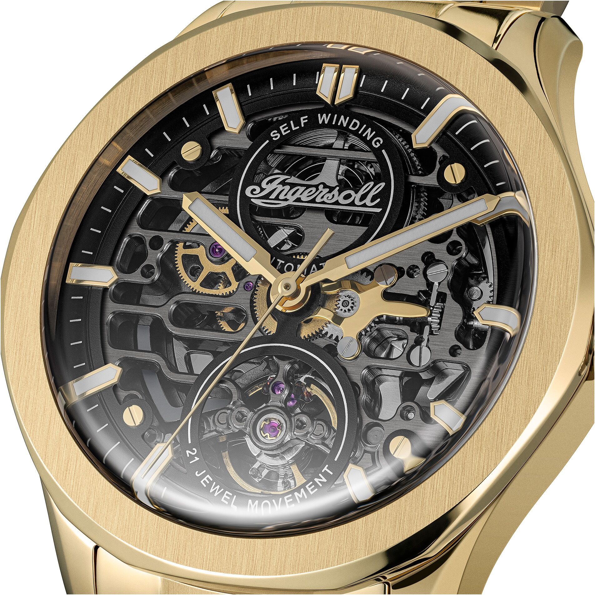 Automatikuhr INGERSOLL "The Bronc", goldfarben, schwarz, Armbanduhren, Herren, goldfarben, Automatikuhr, Armbanduhr, Herrenuhr, Mechanische Uhr, Edelstahlarmband, analog