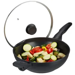 Relaxdays Wok mit Deckel Induktion Schwarz,Silber,Transparent