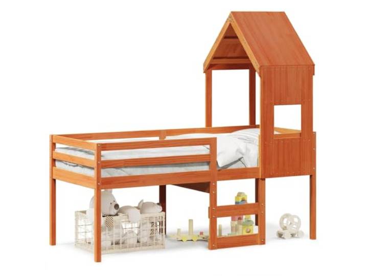 Makastle Kinderhochbett mit Dach Wachsbraun 75x190 cm Kiefer Massives Kiefernholz