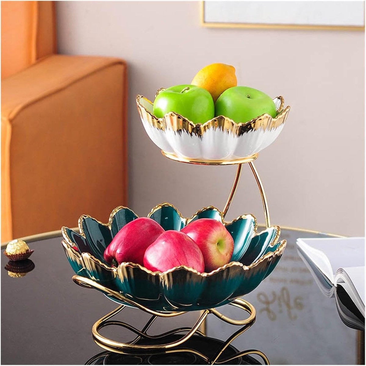 Veelkleurige keramische fruitmand met 2 etagères voor keuken decoratie
