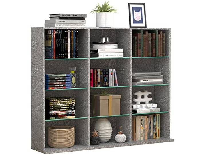 VCM Standregal Beton-Optik 102x23x82 cm 12 Fächer Holzwerkstoff und Glas Stauraum für Bücher und Deko - Wohnzimmer - Vielleser - Für mehr Ordnung im Alltag - Praktisches Stauraumwunder