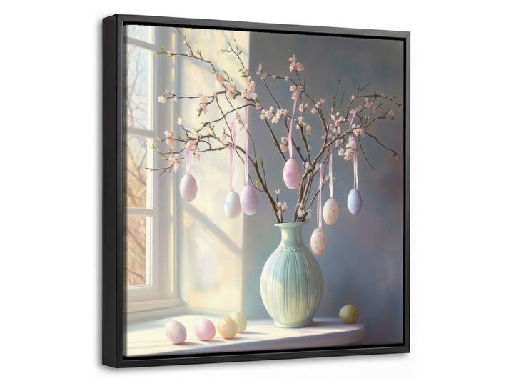 LEINWAND Bilder mit Rahmen - Stillleben - Vase - Osterzweig - 20x20