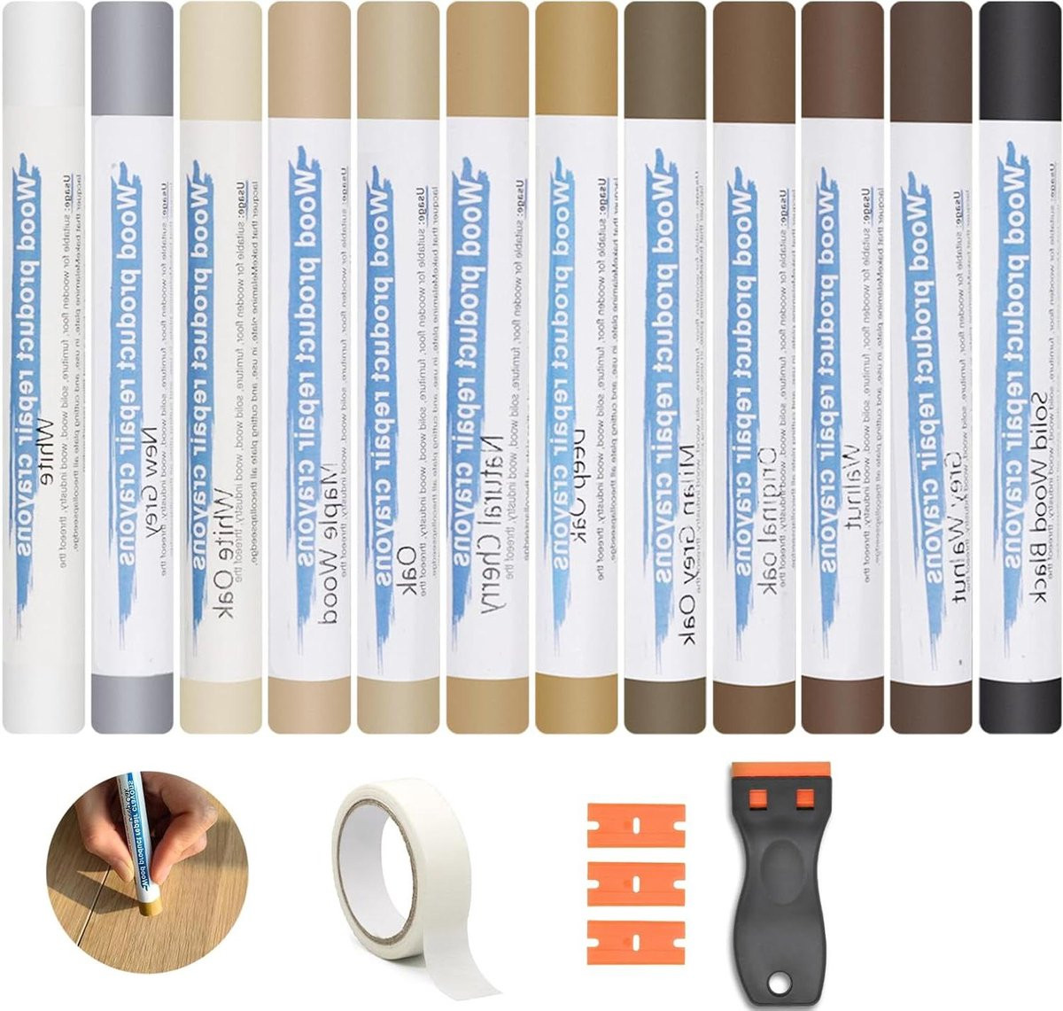 Reparatie Set Houtvuller Kit voor het herstellen van krassen, 12 kleuren, 12 stuks, Bruin en Wit