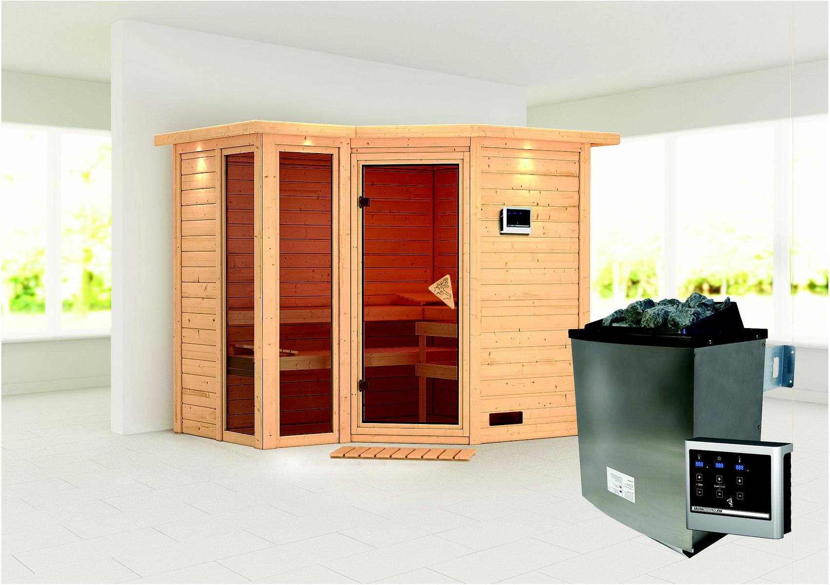 KARIBUHOLZT Sauna Amara Eck 9kW ext. Strg. bronz.GGT u. DK 09221718