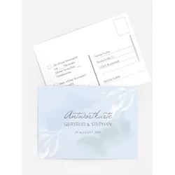 Antwortkarte transparent selbst gestalten mit Spruch und Fotos im Onlinedesigner bei Meine-Kartenmanufaktur.de