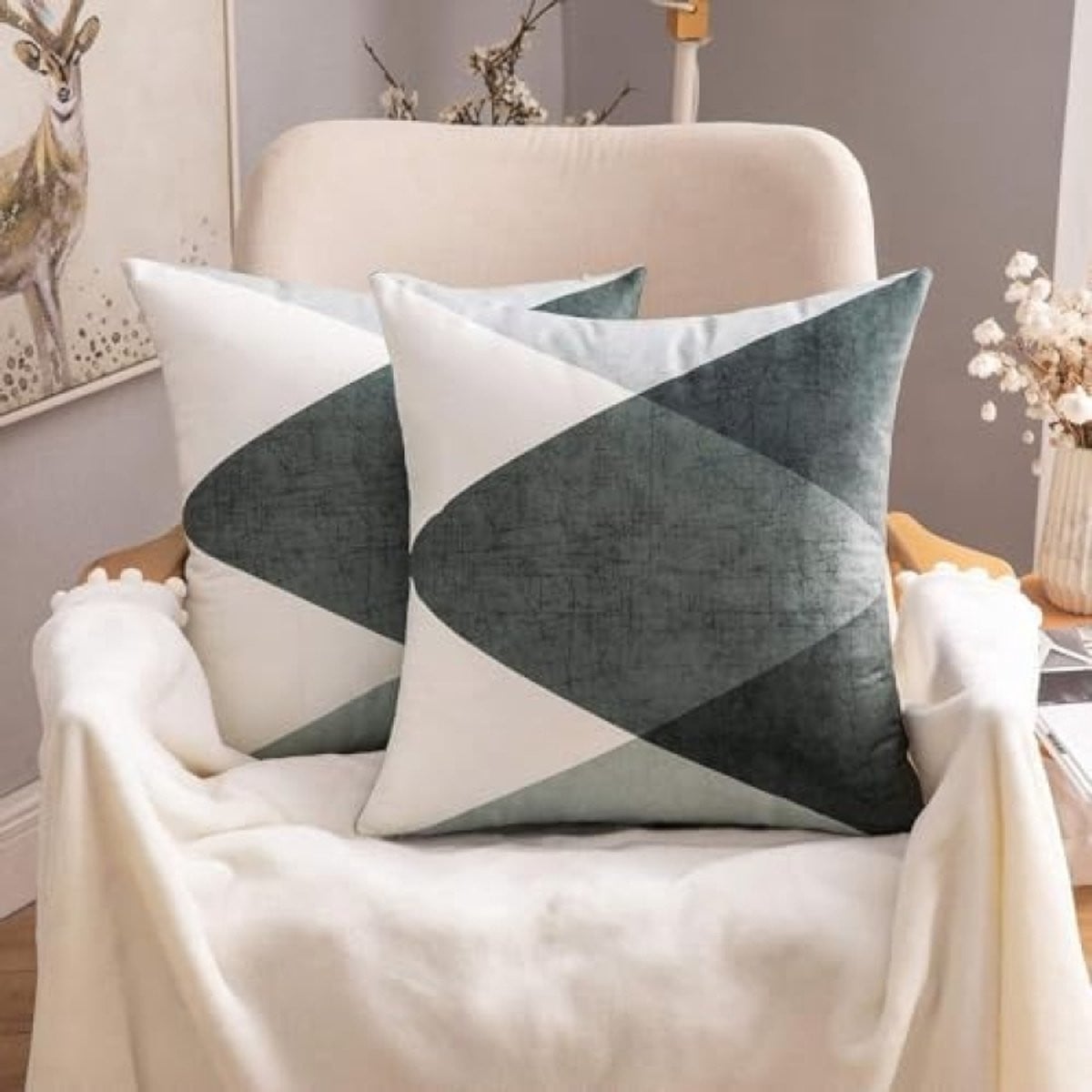 PolkaHome Set van 2 Geometrische Kussenslopen voor Bank, Modern Design, Grijs-Groen, 40 x 40 cm