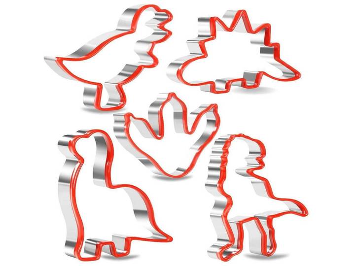 Ausstechformen Set Dinosaurier 5-teilig, Silberfarben, Metall, 8.5x1.9x9.8 cm, Backen & Backzubehör, Keksausstecher