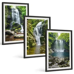 BILDER SET 3er Set - 40x60 cm Schwarzer Rahmen - Wasserfälle, grüne Umgebung