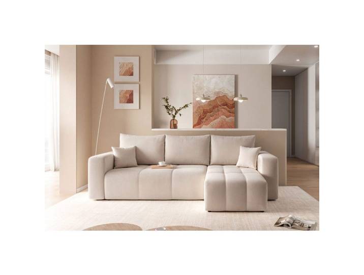 Canapé d'angle Réversible PEDRO - 4 places - Canapé Convertible avec Coffre - Tissu Velours - Beige