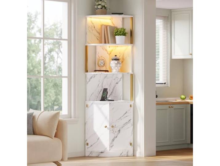 DUlVBPE Eckschrank, Aufbewahrungsschrank mit LED-Beleuchtung und Steckdosen, Sideboard mit 2 Türen für Küche, Esszimmer und Wohnzimmer, 38 × 38 × 180 cm