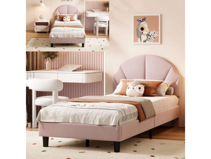 Lit 90x200 cm - tissu en Velours - cadre de lit enfant - lit fille 90x200 cm - 90x200 cm - Rose