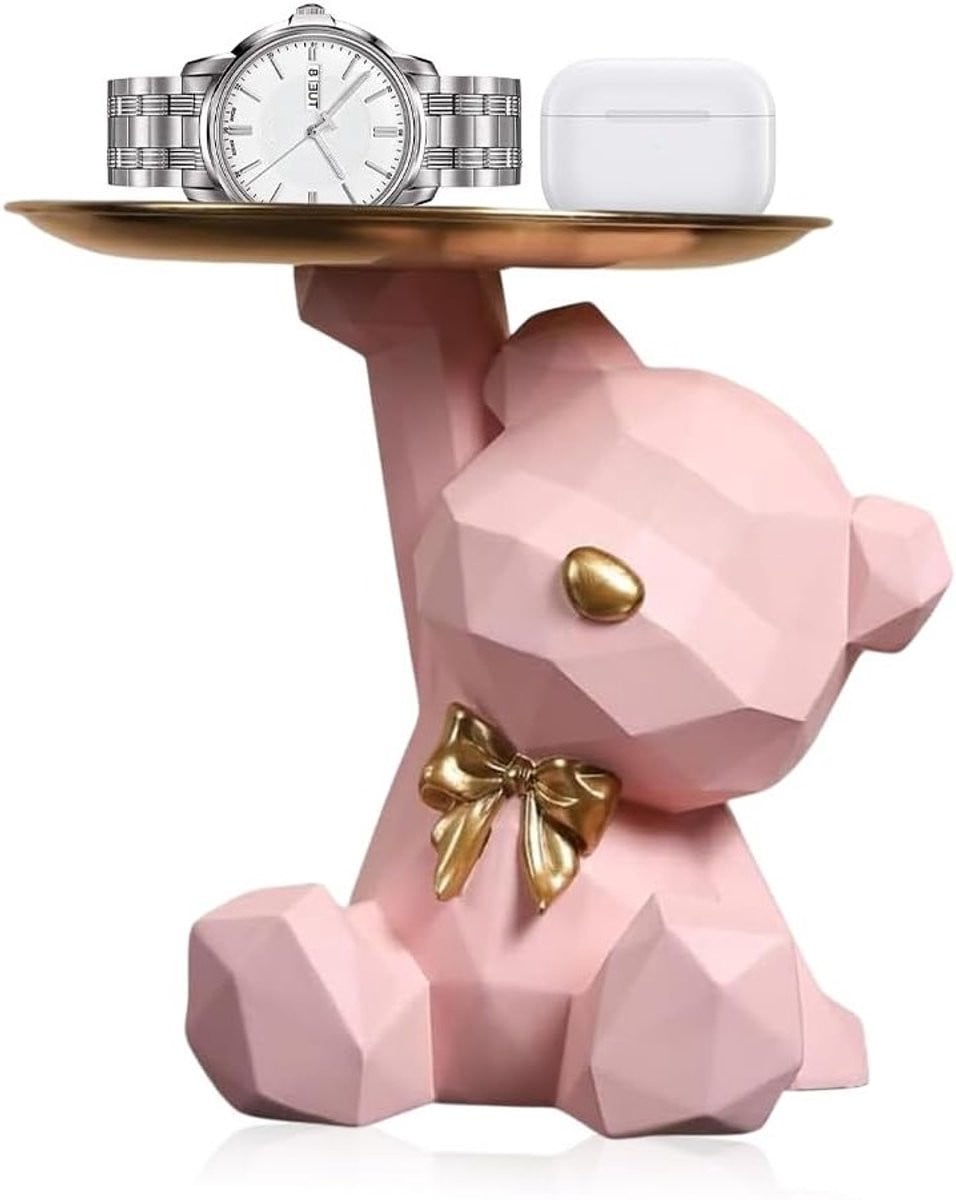 Decoratief beer sculptuur met dienblad voor sleutels en sieraden, roze