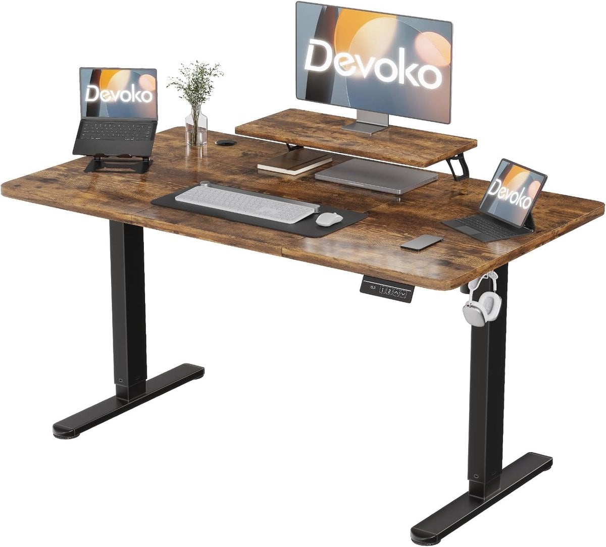 In hoogte verstelbaar elektrisch bureau met monitorstand, Breedte: 160 cm, Diepte: 70 cm